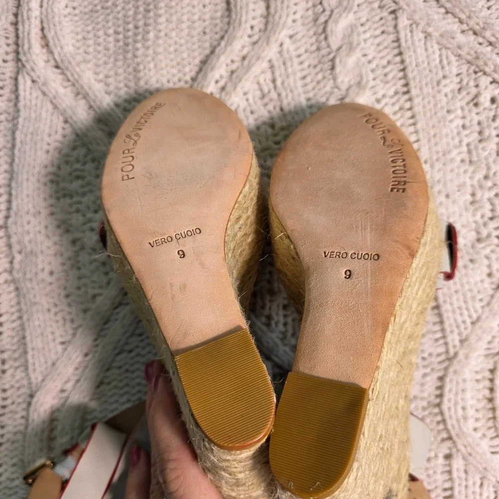 Pour La Victoire Wedge Sandals Ice Blue Red Leather‎ Espadrille Womens 9 NEW